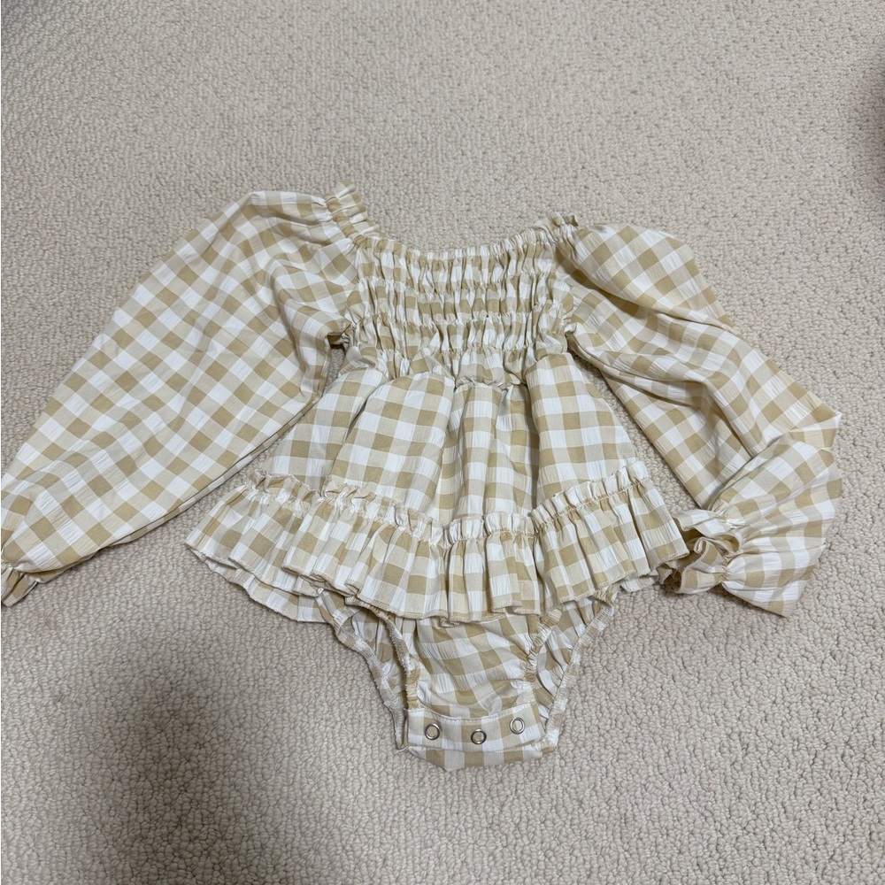 Forever French Beige Gingham Smocked Ruffle Bodysuit